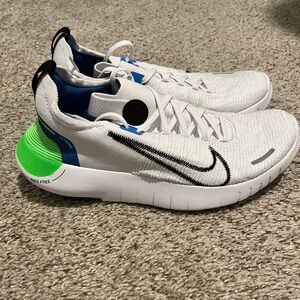 Nike Mens White Sneakers with Black, Green, and Blue Highlights
